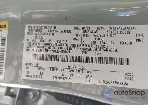 2021 Ford Ranger Xlt z USA, uszkodzony, nr VIN 1FTER4EH1MLD46449